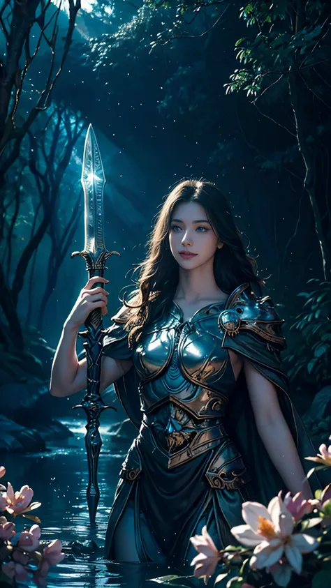 A formidable paladin stands boldly by a serene mountain stream, holding up a glowing sword, exuding powerful magic of light.  An ethereal fairytale forest backdrop comes to life with sparkling reflections on the water&#39;s surface., and the flowers bloom ...