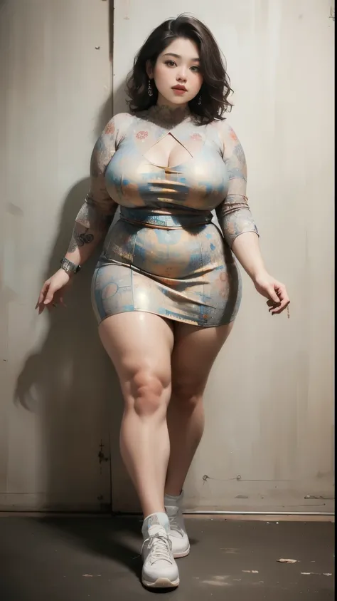 ((best quality)), ((masterpiece)), (detailed), perfect face, ((best quality)), ((masterpiece)), (detailed), perfect face, wanita chubby dewasa, wearing thight dress and thight skirt, chubby cheeks, chubby arm, chubby thighs, big breasts, wearing a sneakers...