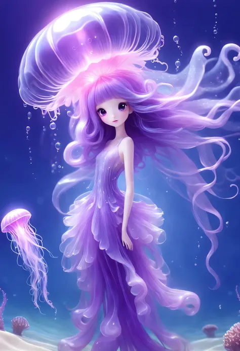 Cute little jellyfish fairy is emerging from the sea，Transparent jellyfish head，Extra long purple hair，Beautiful jellyfish tail，Top divine light，