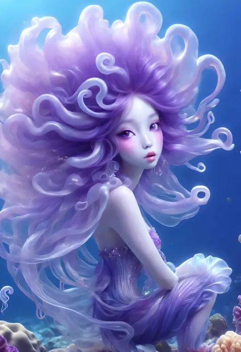 Little cute jellyfish fairy sitting on the reef，Blowing a large conch in his mouth，Transparent jellyfish head，Extra long purple hair，Graceful figure，The lower body is covered with many jellyfish tails，fantasy，Romantic，magic，