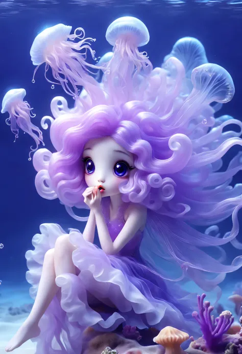 Little cute jellyfish fairy sitting on the reef blowing conch shells with her mouth，Transparent jellyfish head，Extra long purple hair，Graceful figure，jellyfish tail