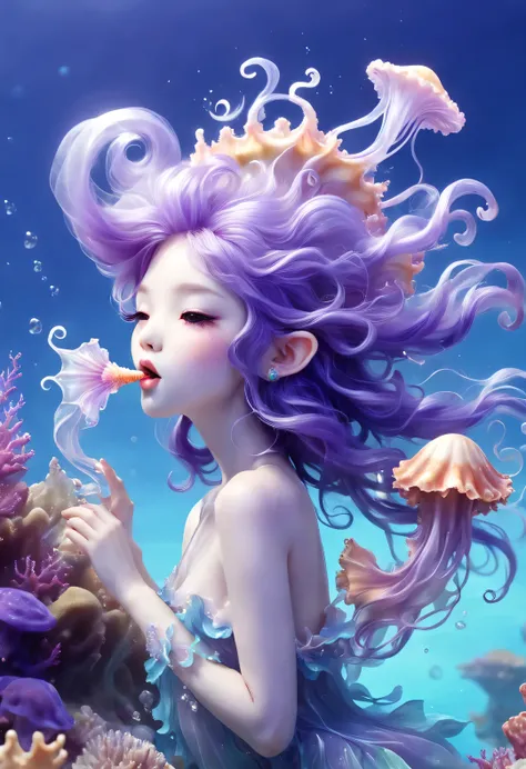 Little cute jellyfish fairy sitting on the reef blowing conch shells with her mouth，Extra long purple hair，Graceful figure，