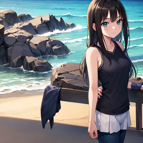 Rin Shibuya、masterpiece, highest quality, 1 girl, green eyes、long black hair, blue jersey, navy blue pants、coastal、posing on the beach、(dull smile:1.15)