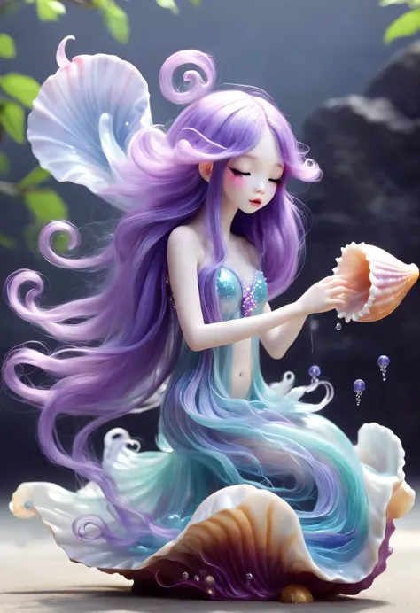 Cute little jellyfish fairy is blowing the conch shell，Extra long purple hair，Graceful figure，