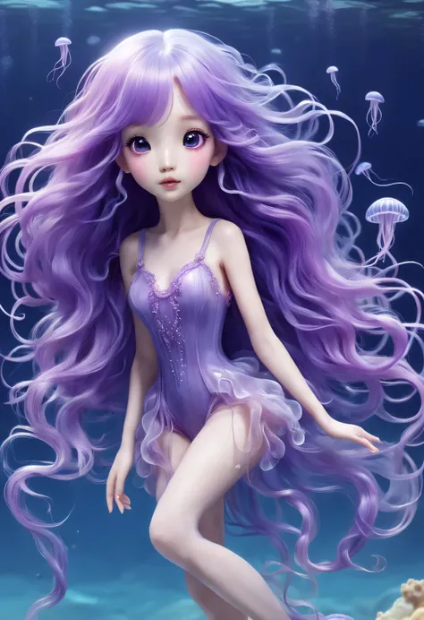 Small and cute jellyfish，Extra long purple hair，Graceful figure，