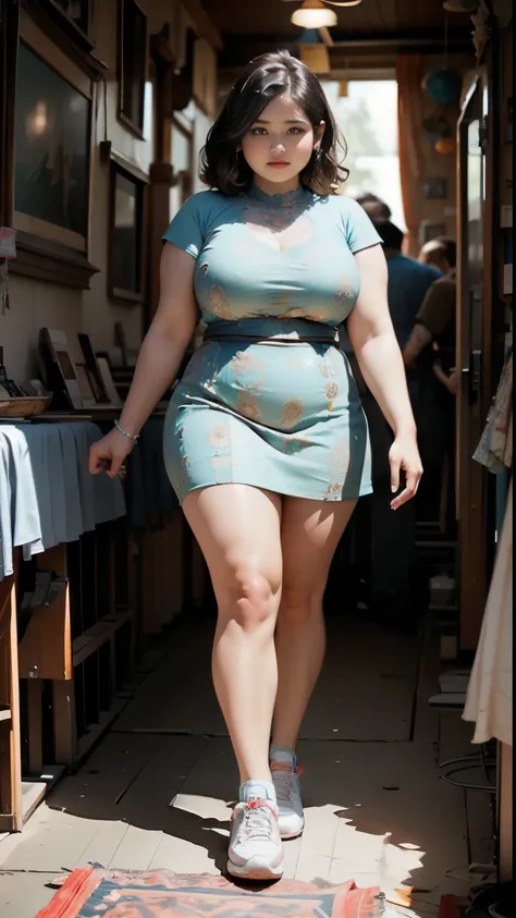 ((best quality)), ((masterpiece)), (detailed), perfect face, ((best quality)), ((masterpiece)), (detailed), perfect face, wanita chubby dewasa, wearing thight dress and thight skirt, chubby cheeks, chubby arm, chubby thighs, big breasts, wearing a sneakers...