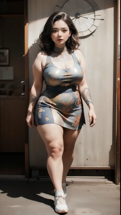 ((best quality)), ((masterpiece)), (detailed), perfect face, ((best quality)), ((masterpiece)), (detailed), perfect face, wanita chubby dewasa, wearing thight dress and thight skirt, chubby cheeks, chubby arm, chubby thighs, big breasts, wearing a sneakers...