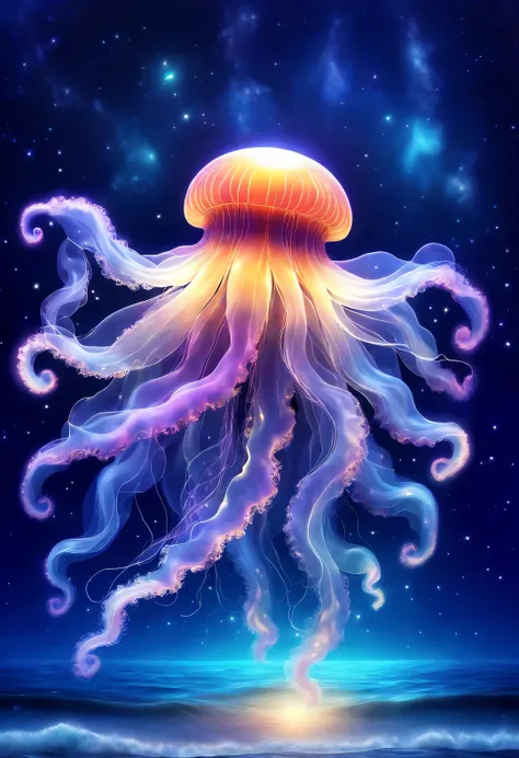 black light art，Grandpa Jellyfish，Shining with colorful light，Background dark blue sea bottom，twinkling stars，Top divine light，