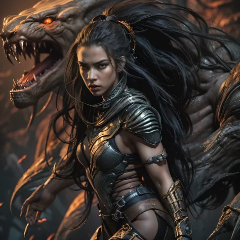 1 female alien, The predator, (extremely beautiful:1.2), (intense gaze:1.4), (predator:1.1), long dark claws, (NSFW:0.8), nipples, thick eyebrows, (She has shining orange eyes:1.2), the most beautiful face in the universe,  jet black hair, symmetrical beau...