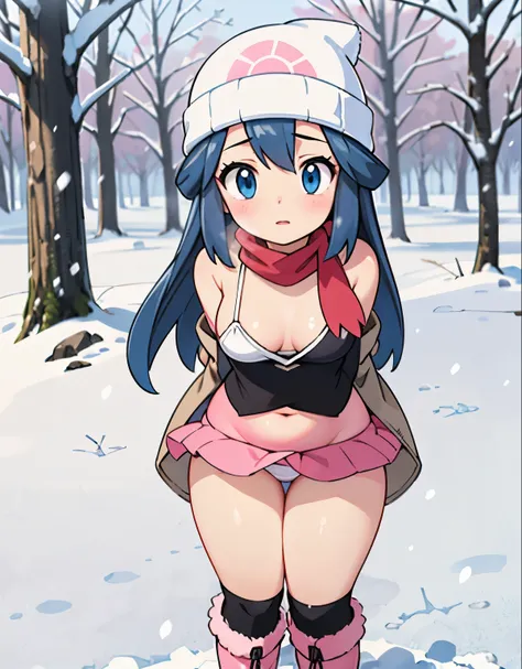 best quality,4k,8k,highres,masterpiece:1.2,ultra-detailed,realistic:1.37,a girl, dawn (pokemon), beanie, long hair, blue hair, blue eyes, black sleeveless shirt, pink scarf, pink skirt, pink boots, upskirt, white panties, body shape, curvy, downblouse, vis...