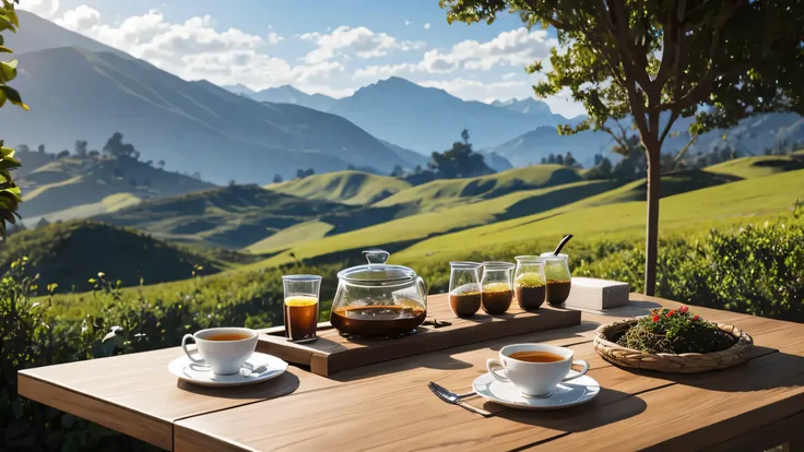 different types of tea, packaging, on the table, tea trees in the background,Best quality