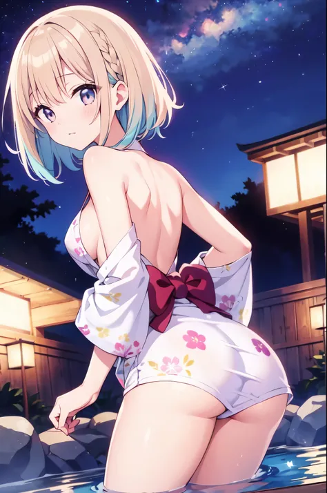 （masterpiece）、(highest quality)、((Super detailed))、(super delicate)、pastel colored hair、Beautiful side breasts、beautiful back、Beautiful butt、yukata、Hot spring at night、fantastic starry sky