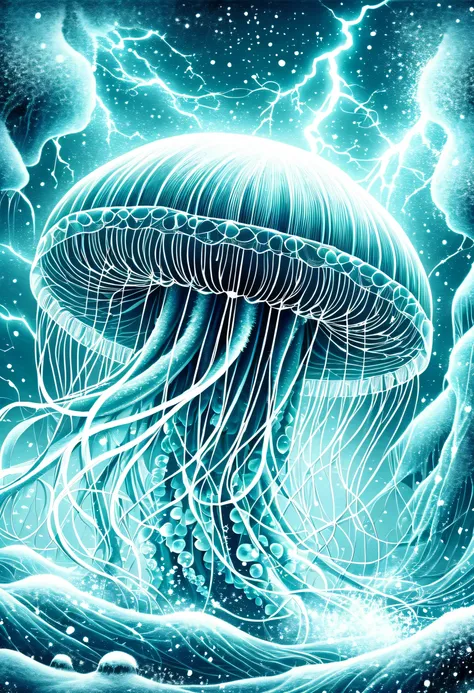 detailed illustration of a shockingly complex jellyfish, delicately painted like snow, very fine brush strokes, pulse with soft ...