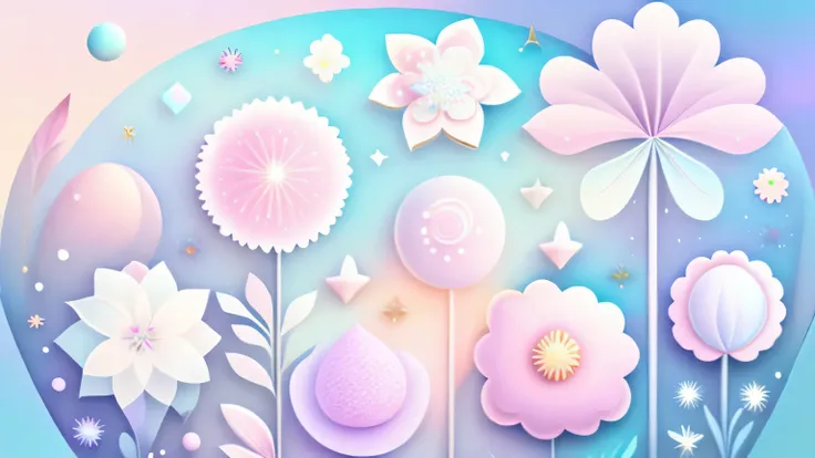 "Various flowers, cartoon illustration, sky in a gradient of pastel colors with twinkling stars. Immerse yourself in a mystical world full of magical elements (weighted at 0.9)."