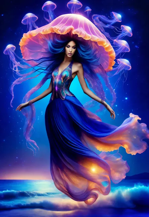 black light art，Aladdin jellyfish fashion model，Shining with colorful light，Background dark blue sea bottom，twinkling stars