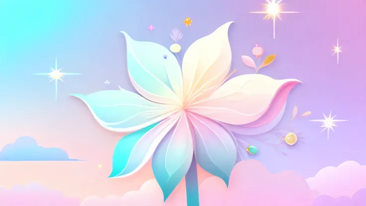 "A flower, cartoon illustration, sky in a gradient of pastel colors with twinkling stars. Immerse yourself in a mystical world full of magical elements (weighted at 0.9)."