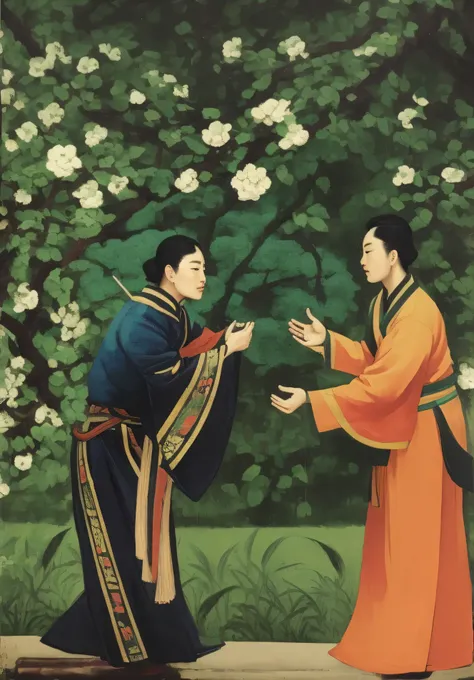 painting of two man in traditional clothing standing in front of a tree, coronation of the flower prince, by Sheng Maoye, by Fang Congyi, inspired by Emperor Huizong of Song, traditional painting, unknown artist, gujian, artwork in style of sheng lam, old ...