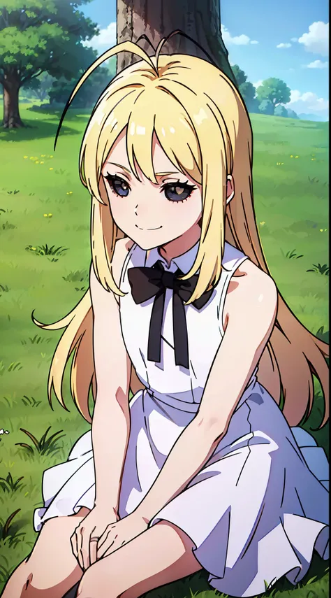 (1girl,10 years old,small),long hair,blonde hair,white dress,sleeveless,bow tie,bare shoulders,(sitting in grass,tree),happy,smile,black sclera,black eyes,(((hair black 2antenna)))