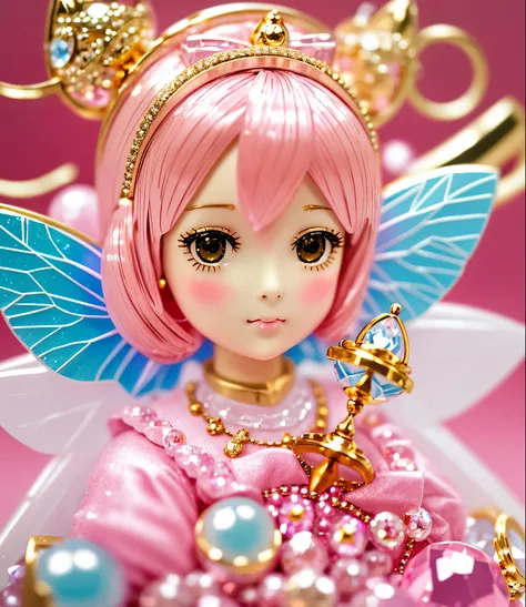 Kawaii, doll fairy, miniature, gold, Miniature Core, Miniature World, realistic, pink, Opalescent, ball crystal, intimate portrait composition, Leica 50mm, f1. 4,Highly Detailed,(Low Contrast:1.3)