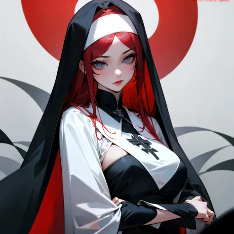 flawless porcelain white skin, red lips, long luscious lashes, fox like bluish grey eyes, long silky dark bloody red hair, sexy black nun vestments, melancholic look