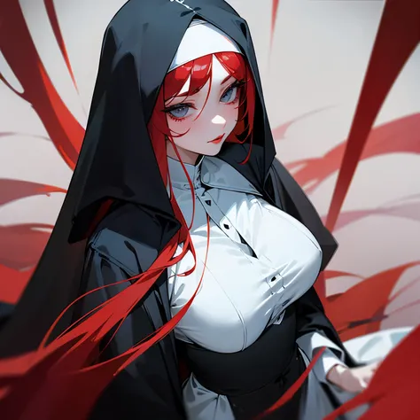 flawless porcelain white skin, red lips, long luscious lashes, fox like bluish grey eyes, long silky dark bloody red hair, sexy black nun vestments, melancholic look