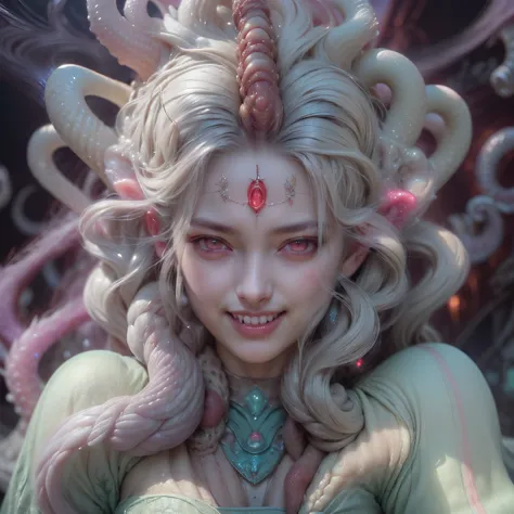 (Portrait of a beautiful yet frightening medusa:1.4), ((There is a female genital-like organ in the middle of the forehead.:1.8)), (realistic face:1.2), Super realistic clear skin, (Number of award-winning masterpieces々, incredibly detailed, Texture and ma...