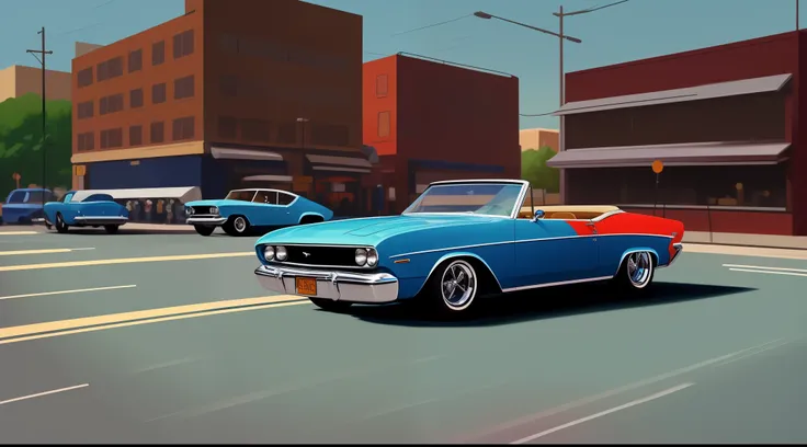 painting of a classic car driving down a street in a city, in style of digital painting, #1 digital painting of all time, # 1 digital painting of all time, in style of digital art, in style of digital  color, classic car, drawn with photoshop, lowrider sty...