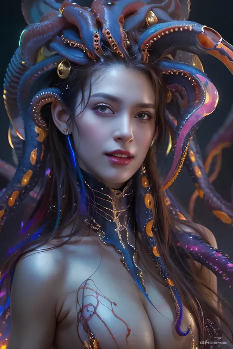 (1 extremely beautiful female medusa: 1.2), With a beautiful, enchanting face, this alien seduces us with her allure. Her captivating red eyes gleam brightly, reminiscent of burning embers. Her full body is unlike any humans, boasting a sexy, otherworldly ...