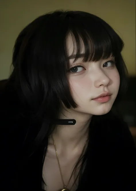 um close de uma mulher usando fones de ouvido e um colar, Chiho, Yoshitomo Nara, Guweiz, deayami kojima, com fones de ouvido, shikami, com fones de ouvido, Sakimichan, 🤤 retrato de , sui ishida com cabelo preto, anime. soft lighting, Shinsui Ito, Serpentin...