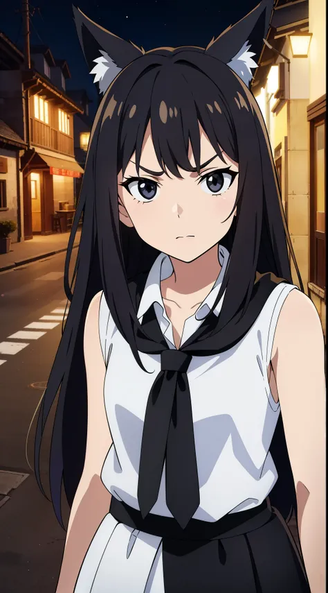 (1girl,15 years old),long hair,black hair,white shirt,sleeveless,(in street of a village,night),angry,black eyes,fox ears,portrait