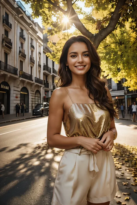 A 33-year-old girl with clear eyes and a bronzed complexion stands smiling fondly in front of a cinema in Madrid. Dressed in a chic outfit, she leans against the chestnut tree, her lovely smile radiant in this detailed 8k photograph. Her hair, cascading do...