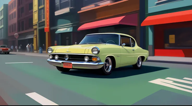 painting of a classic car driving down a street in a city, in style of digital painting, #1 digital painting of all time, # 1 digital painting of all time, in style of digital art, in style of digital  color, classic car, drawn with photoshop, lowrider sty...