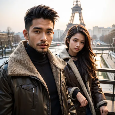 Indonesian man (33 years old, handsome, clean face without mustache and beard, undercut hair, sturdy body, brown skin, wearing a thick winter jacket, slim fit black jeans) standing posing like a model on the Eiffel Tower in Paris, complete with his body an...