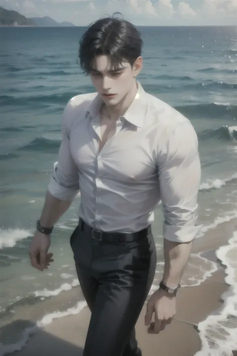 A handsome man with black hair with royalty white shirt, walking at ocean, ((best quality)), ((masterpiece)), (detailed), perfect face