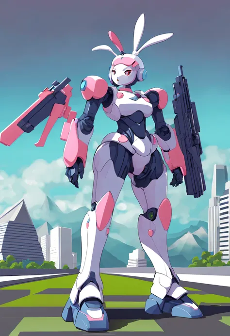 Full length view Four view Character Design sheet for anime anime - style female rabbit robot with pink hair, rabbit face and rabbit ears standing in front of a building, digital art inspired by Ayami Kojima, cgsociety contest winner, neo-figurative, anime...