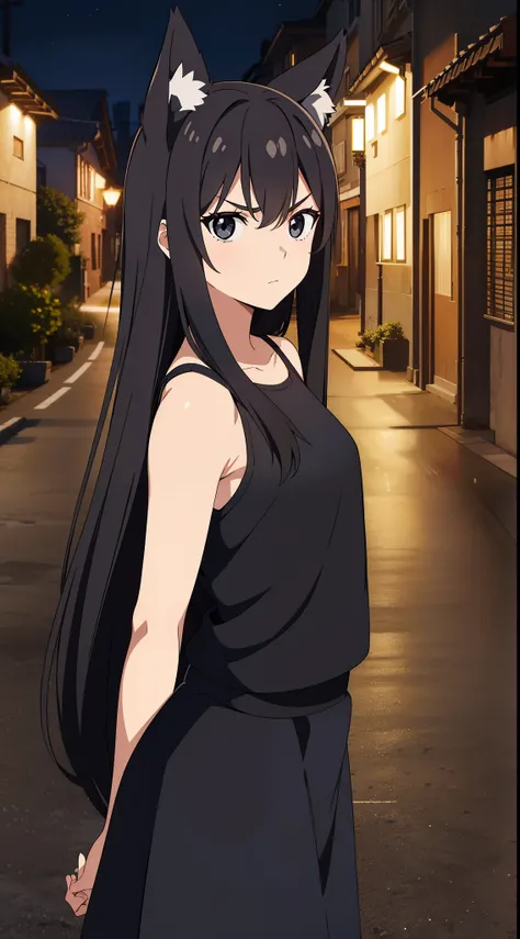 (1girl,15 years old),long hair,black hair,black shirt,sleeveless,(in street of a village,night),serious,black eyes,fox ears,portrait