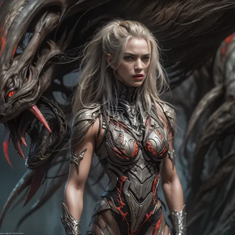 1 female alien, The predator, (extremely beautiful:1.2), (intense gaze:1.4), (predator:1.1), long dark claws, (NSFW:1), nipples, thick eyebrows, (She has shining red eyes:1.2), the most beautiful face in the universe, platinum blonde, symmetrical beautiful...