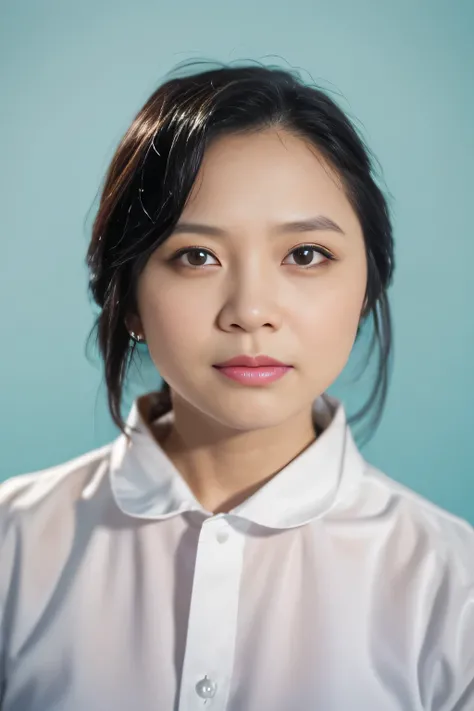 Highly realistic photo, ((masterpiece), (best quality), (raw photo), (photorealistic:1.4), Portrait of Vietnamese woman, (35 years old), ((black hair)), wearing a white shirt, ((light blue background)) , photo taken by Sony A7IV