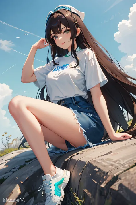 1. Masterpiece, 3D illustration, animated character, brown-haired young girl, black cascading curls, medium build, model appearance, expressive features, beautiful face, narrow face shape, wearing tight white short-sleeve T-shirt, blue jeans, white Adidas ...