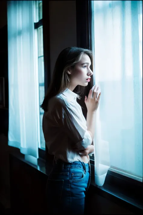 ((Best quality)), Girl who looks like Natalie Portman, Japanese, profile, midnight, quiet rain, old cottage, white curtains, blue candles in a dark room, frosted glass, looking out the window, mouth Smoking, squinting and ennui expression, crying face, bla...