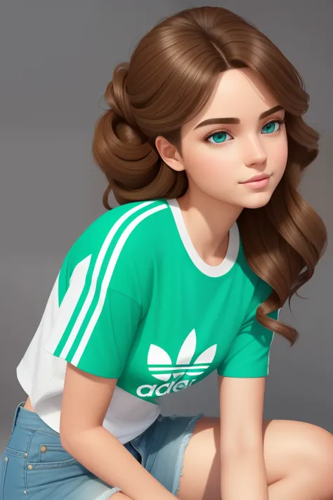 Create 3D illustrations of an animated character, inspired by the given method. The character is a young brown-haired girl, boasting black cascading curls. Her medium build and modelesque features are accentuated by her narrow face shape and expressive, be...