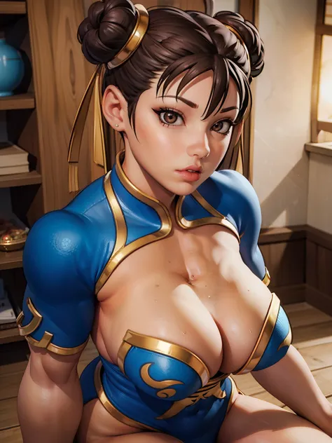 Papel de parede CG ultrafino de 16k, obra de arte, excelente qualidade de imagem, Super delicado), (excelente luz e sombra, delicado e lindo), pele realmente lisa, Chunli, 1 meninas, asian female, seios, cabelo castanho, female, heart-shaped pastries, huge...