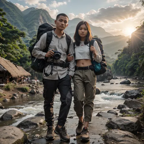 Foto realistis full body pasangan asia pria buzz cut,wanita rambut ikal panjang sebahu,mereka berjalan mendaki gunung, memakai ransel,celana gunung panjang dan sepatu gunung, Salah satunya membawa kamera DSLR. Latar belakangnya pegunungan, sungai yang airn...