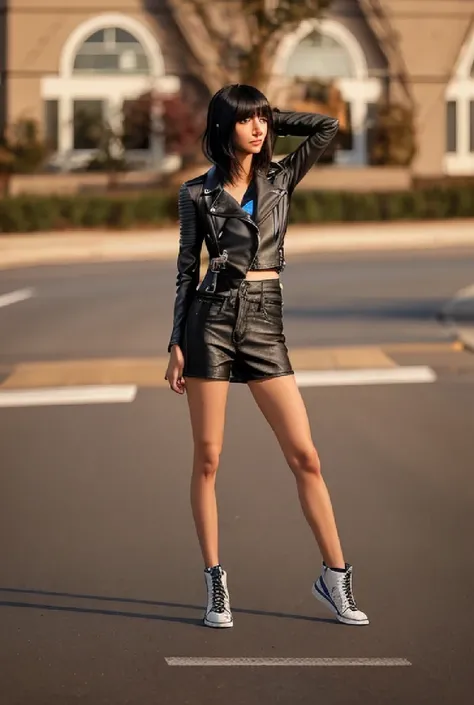 realistic photo. High, lean girl, 30 years, black wavy hair, haircut with short side bangs, Straight nose, The lips are thin, The eyes are black, The chest is flat, black leather jacket, blue jeans, Black strap, white top, standing on the road, looking int...