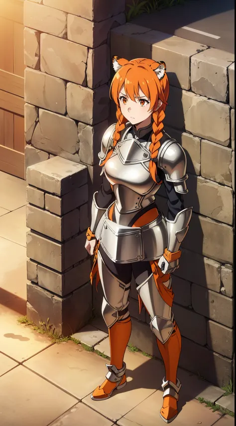 1girl,20 years old,solo,mature female,tiger ears,long hair,(twin braids),orange hair,orange eyes,((silver armor)),(standing in a sidewalk in a village),((day,sunlight)),surprised,cowboy shot