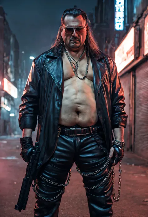 Italian man, 52 years old, white wife beater: 1.2, multiple chain necklaces, leather trousers and boots, badass, 80s transparent teardrop specs, red contact lenses, overweight, long hair: 1.2, receding hair, Cyberpunk character, in Night city, holds a revo...