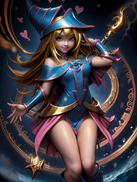 dark magician gils en el aire, ella esta parada saltando, magic hearts background. sonrisa en sus labios. ojos celestes. cabello...