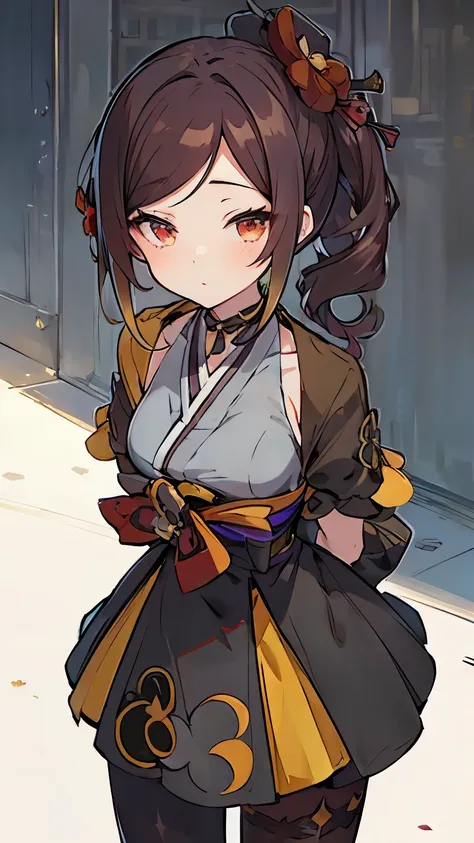 Chiori, (Chiori), masterpiece, best quality, high resolution ,brownlong hair, flower like hairpin, side ponytail hairstyle, yellow kimono, ((Genshin Impact style)), (Genshin impact style of clothes), purple attachments , collarbone, cowboy shot, arms behin...