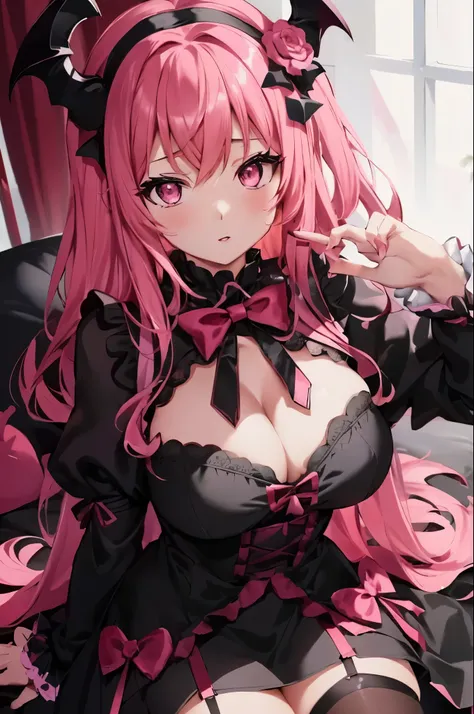 anime girl with pink hair and black dress sitting on a bed, seductive anime girl, best anime 4k konachan wallpaper, detailed digital anime art, cute anime waifu in a nice dress, guweiz, anime moe artstyle, top rated on pixiv, detailed anime artwork, anime ...