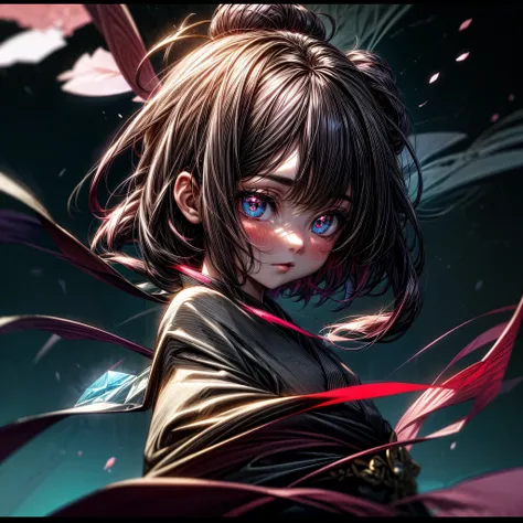 Bi-colored eye girl with beautiful quantum-shaped pupils, next to the galaxy sky, wearing a kimono outfit with black and red cherry blossom patterns and a flaming hair brooch holding a crystal book